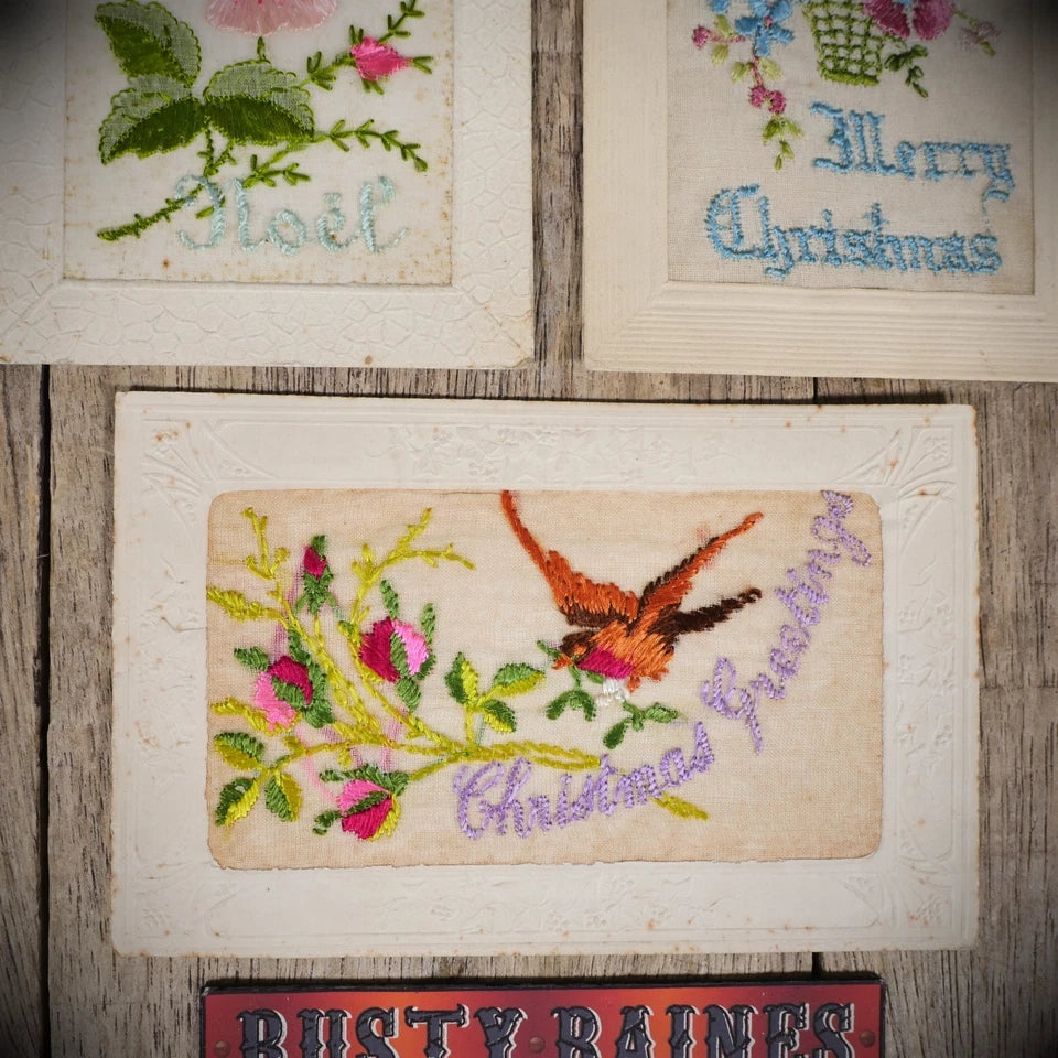 Postcard Bundle, WW1 Embroidered Silk, Floral, Birds, Christmas