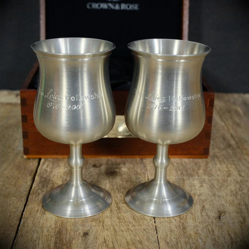 Leica Camera Fellowship Pewter Goblets, Crown & Rose, Royal Selangor, Wood Case