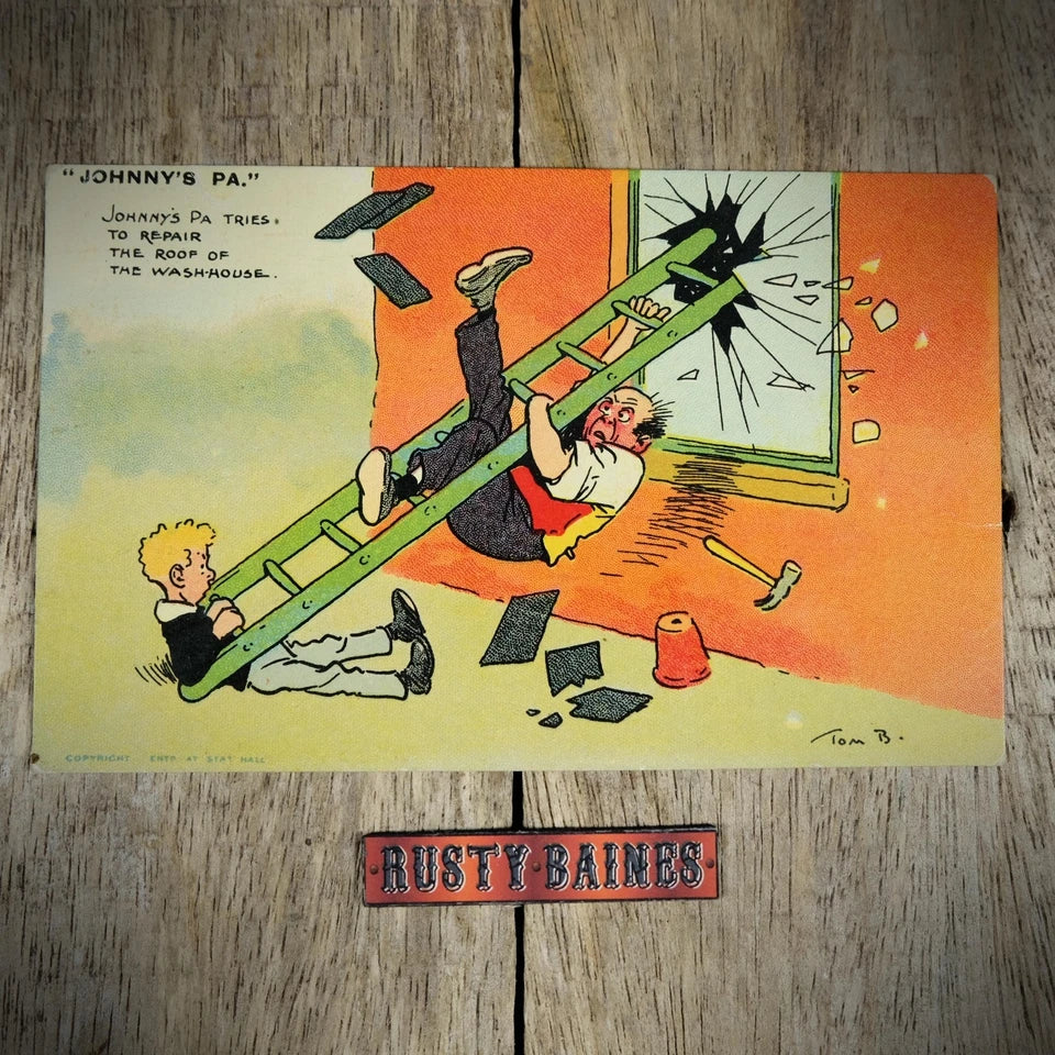 Postcard, Tom Browne Original, Johnny's Pa, Ladder Accident