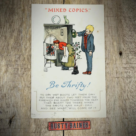 Postcard, Misch & Stock, Be Thrifty, Drying Wet Boots, Open Fire